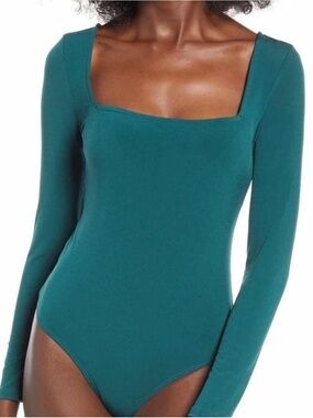 Square Neck Long Sleeve Bodysuit  by Leith- Forest Green. New